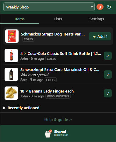 Extension popup on a product page, showing the quick-add row with a ＋ Add 1 button above the pending items